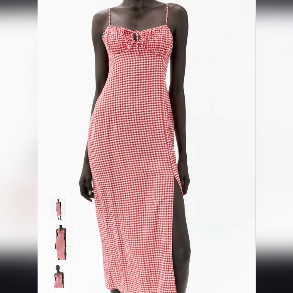 Zara Pink & White Gingham Spaghetti-strap Midi Dress